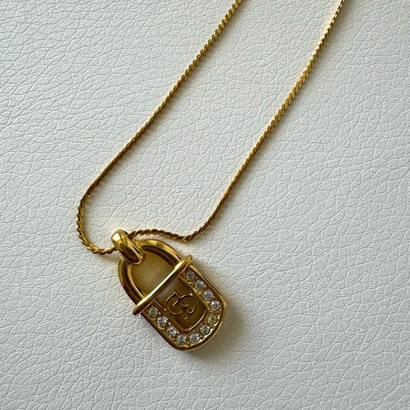DIOR Gold Tone CD Necklace with Rhinestones in Excellent Condition - Picture 4 of 8